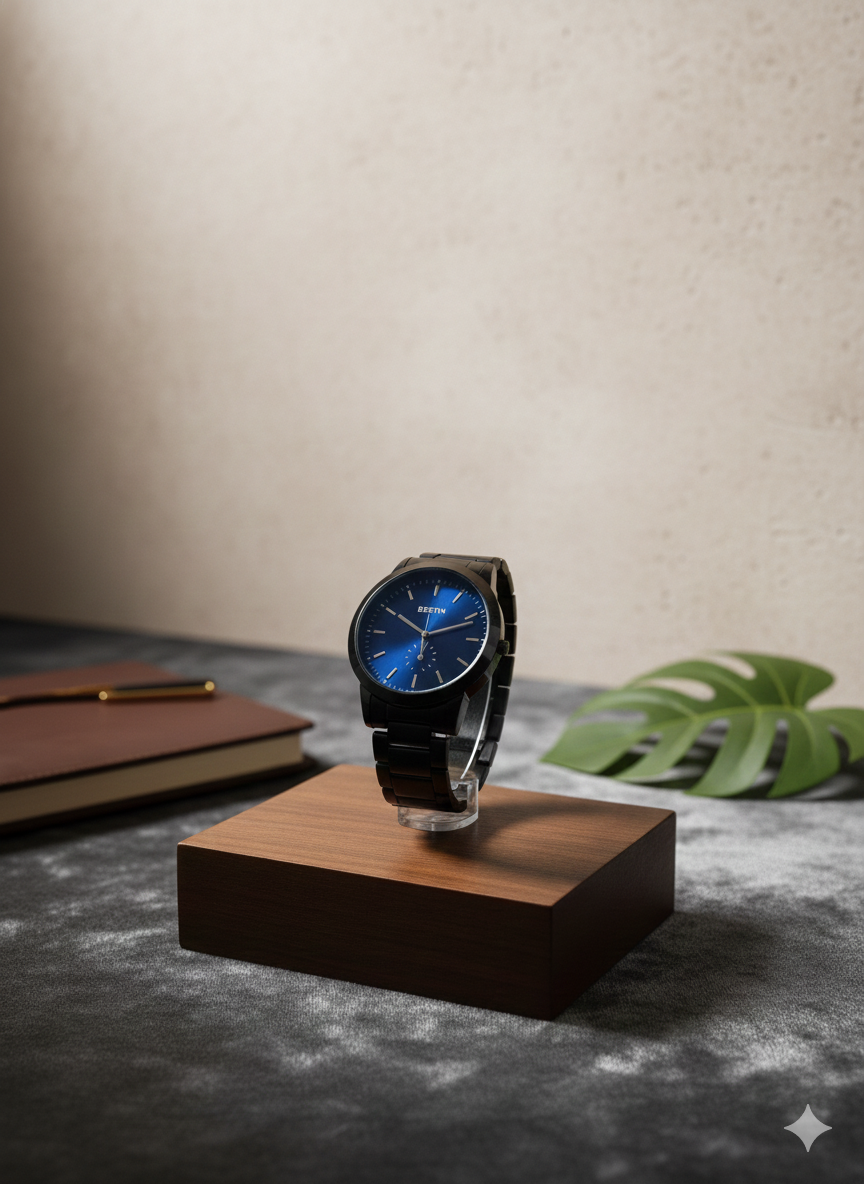 Wristwatch with blue face on a wooden stand against a neutral background