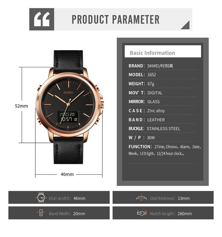Product parameter card with a watch and detailed specifications on a white background