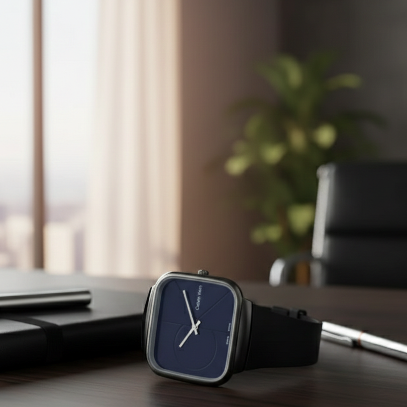 Smartwatch with a blue display on a desk in an office setting