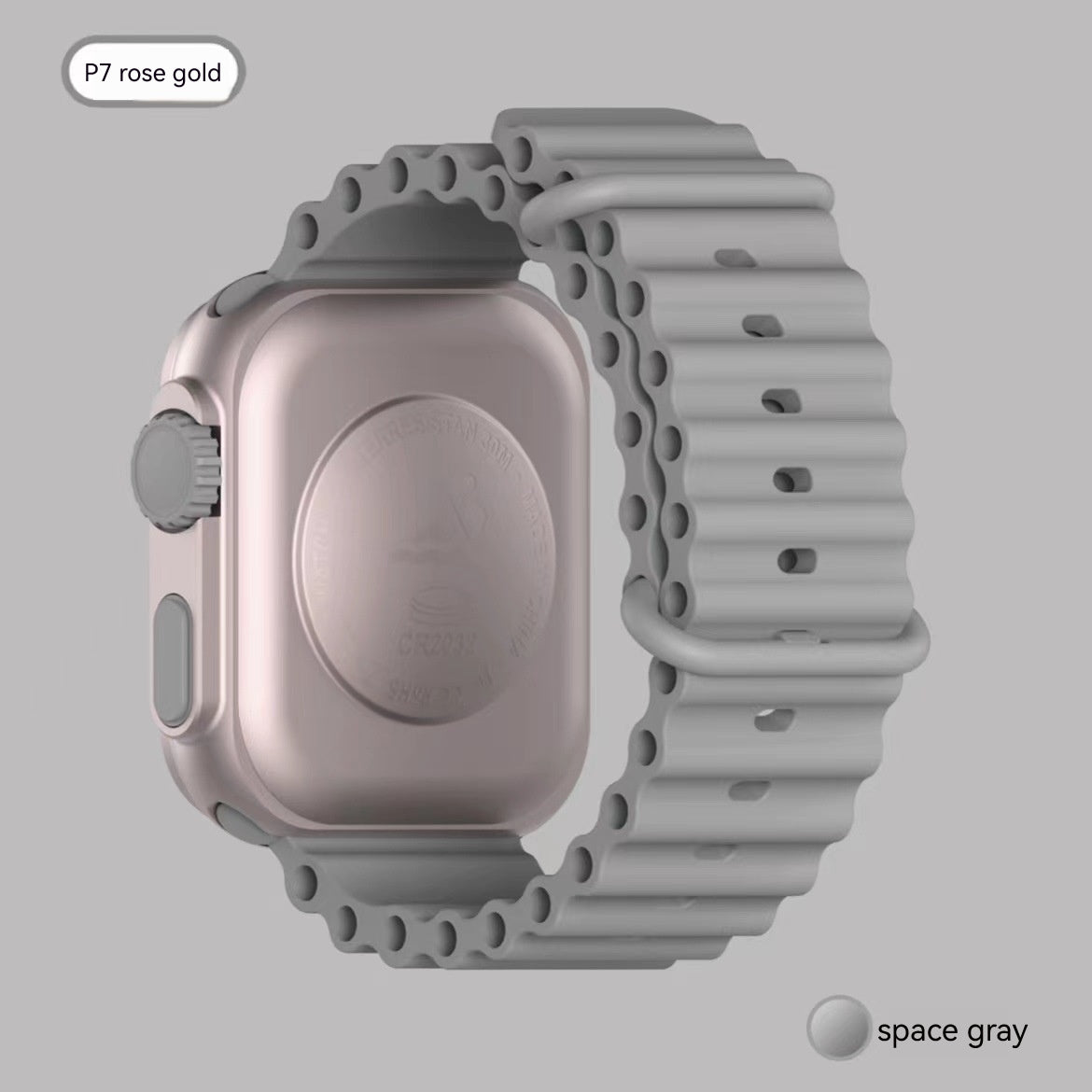 Smartwatch with rose gold case and space gray band on a light gray background