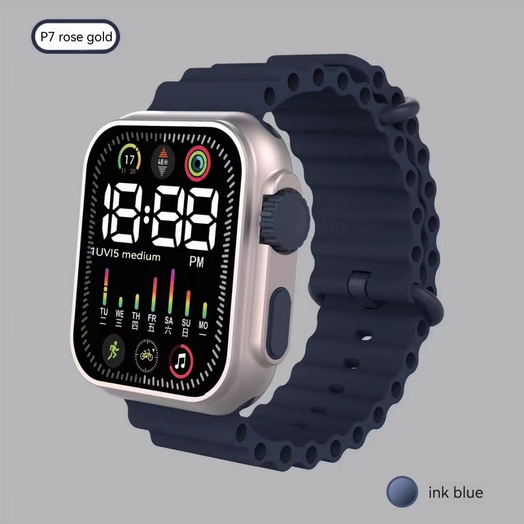 Digital watch with a blue band on a gray background