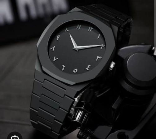 Black wristwatch with a unique design on a dark background