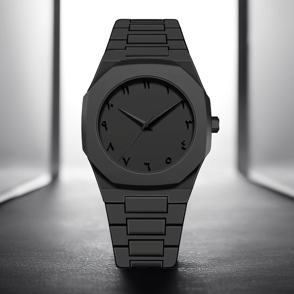Black watch with a minimalist design on a reflective surface