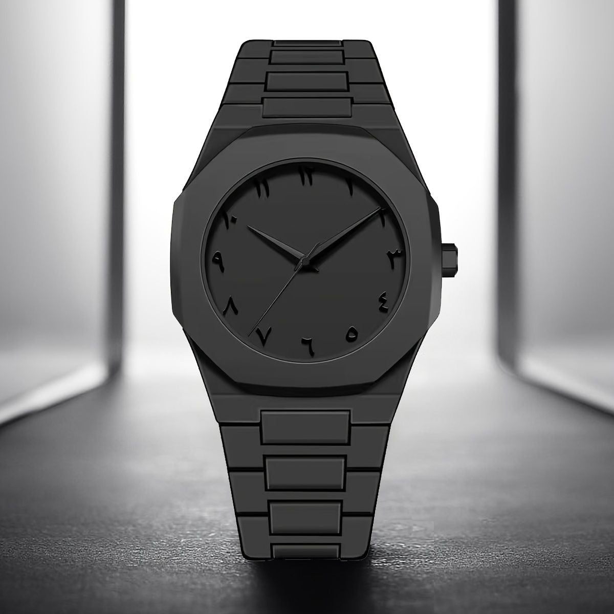Black watch with a minimalist design on a reflective surface