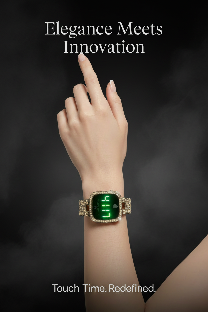 Hand wearing a futuristic digital watch with 'Elegance Meets Innovation' text on a dark background.