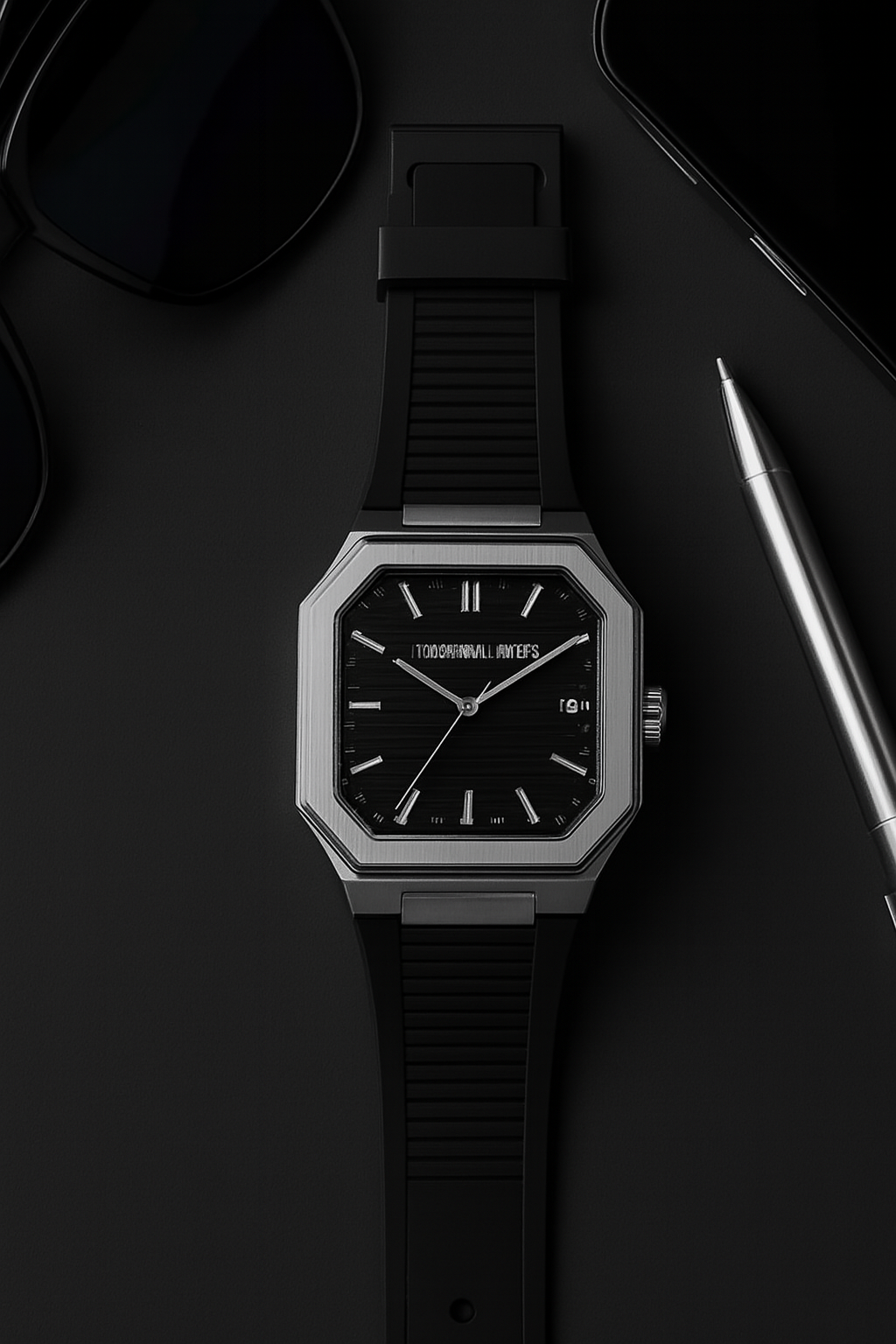 Black watch with a silver bezel on a dark surface