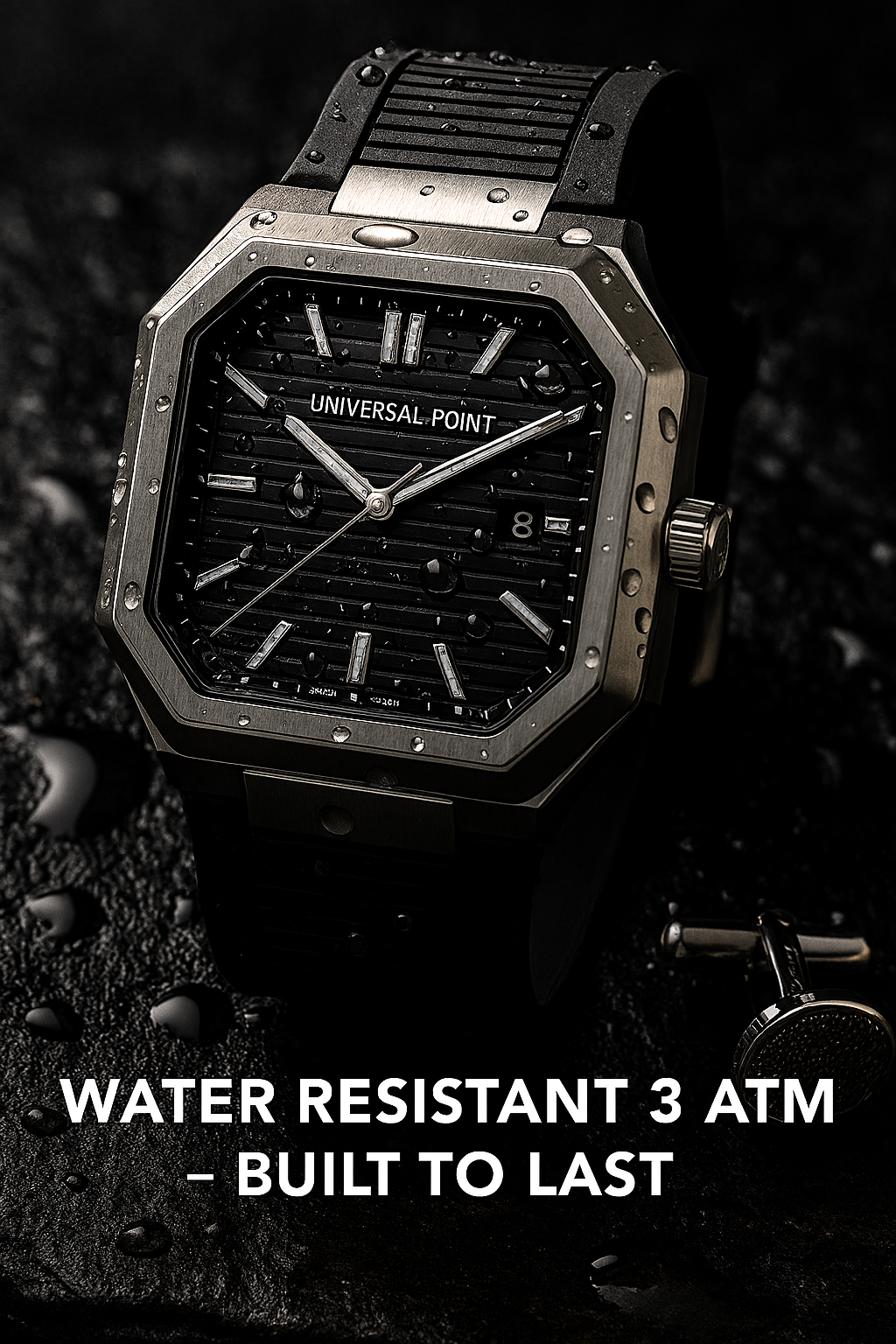 Black and silver watch with text 'Water Resistant 3 ATM - Built to Last' on a dark background