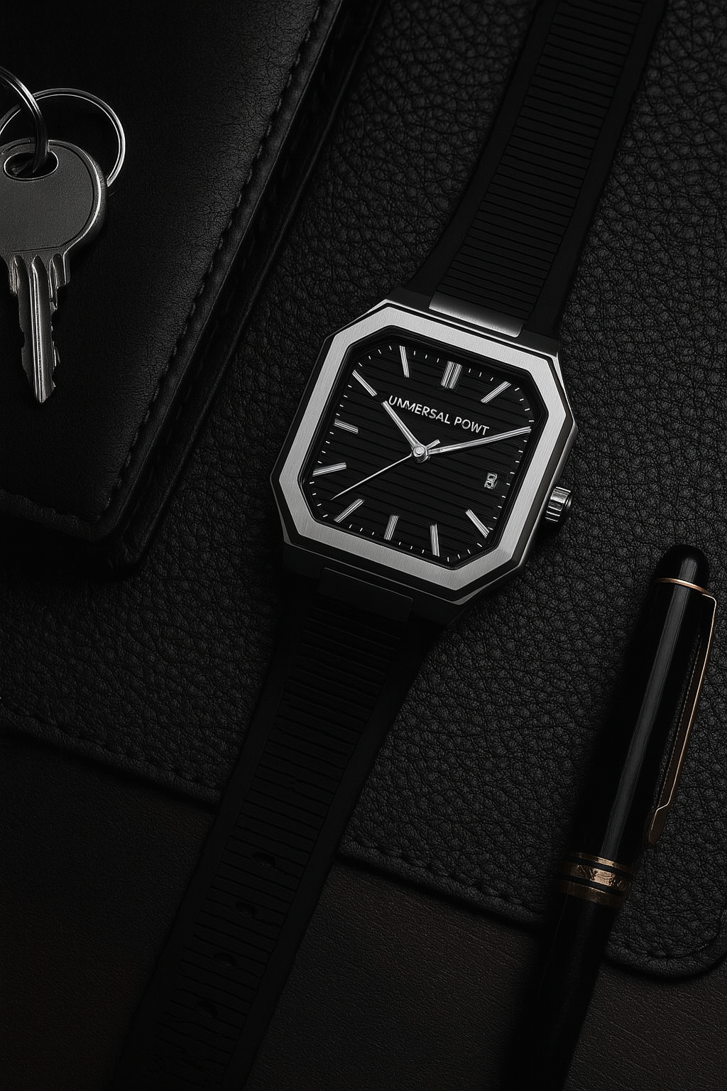 Black wristwatch with key and pen on a black textured surface