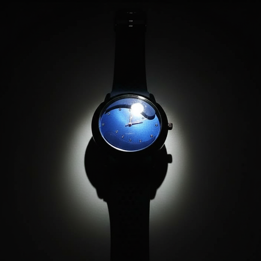 Black wristwatch with a blue face glowing in the dark on a black background