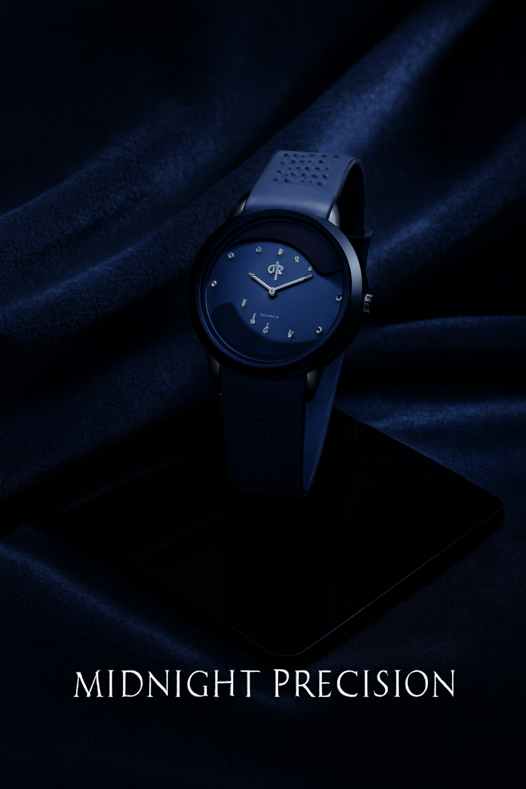 Blue watch on a dark fabric background with 'Midnight Precision' text.
