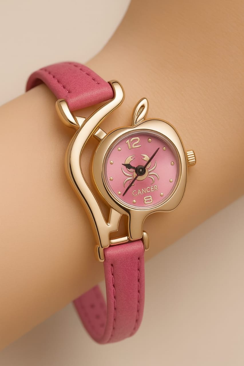 Wristwatch with pink strap and gold casing on a wrist, against a neutral background