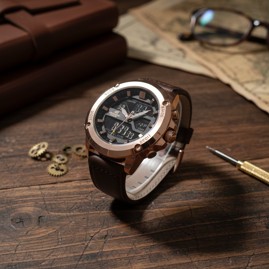 Rose gold watch with brown leather strap on a wooden surface with gears and glasses.