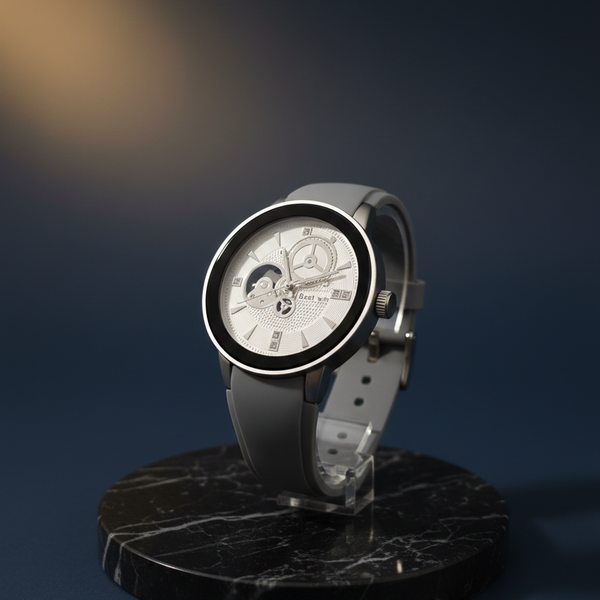 Silver watch with a detailed face on a black marble stand against a dark background