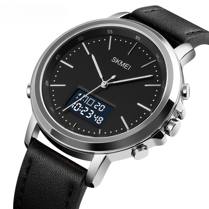 Black wristwatch with digital and analog display on a white background