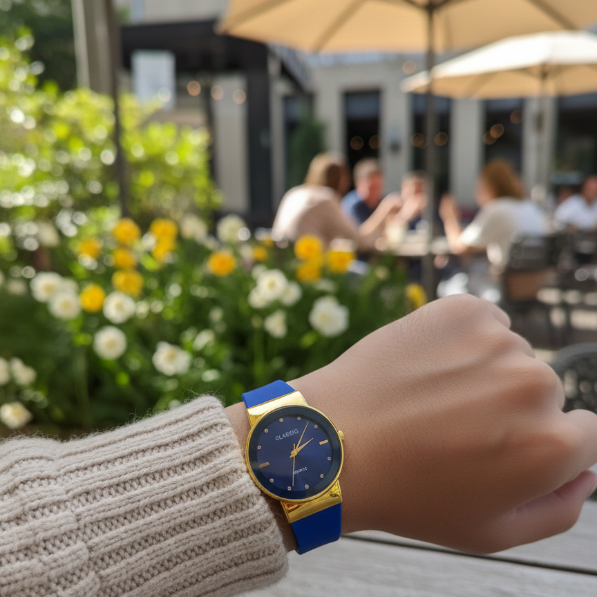 Hand wearing a blue watch with a garden and people in the background