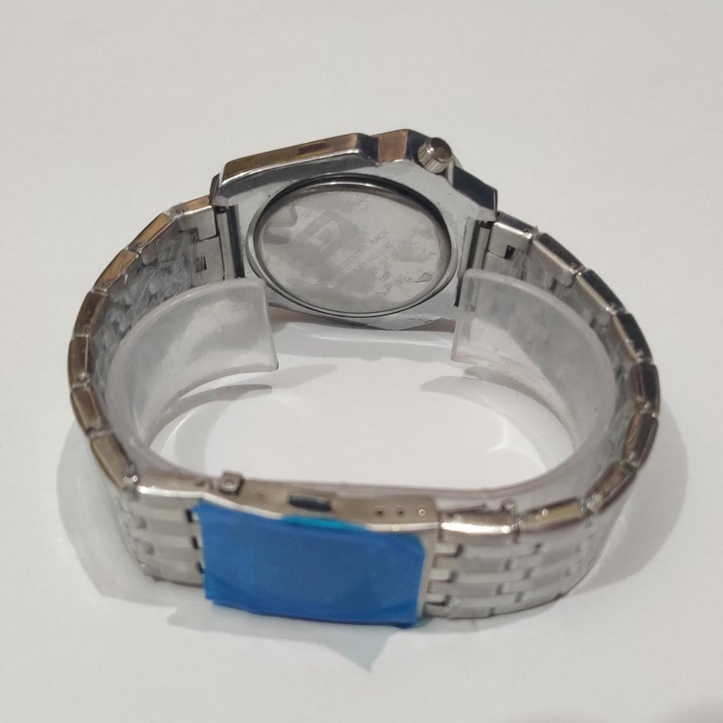 Silver watch with a blue label on a white background