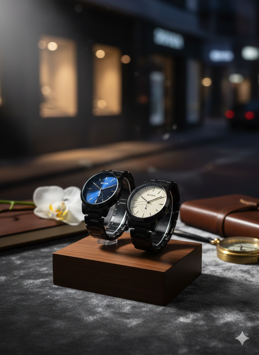 Two watches on a wooden stand with a blurred street scene in the background