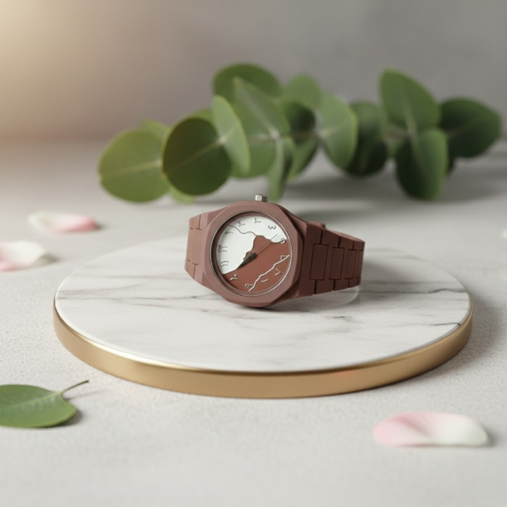 Brown watch on a marble stand with green leaves in the background