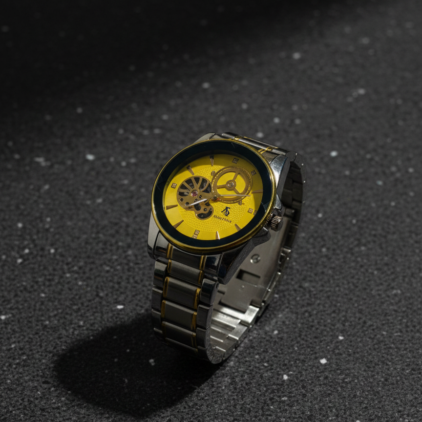 Watch with yellow face and silver metal strap on a dark textured background