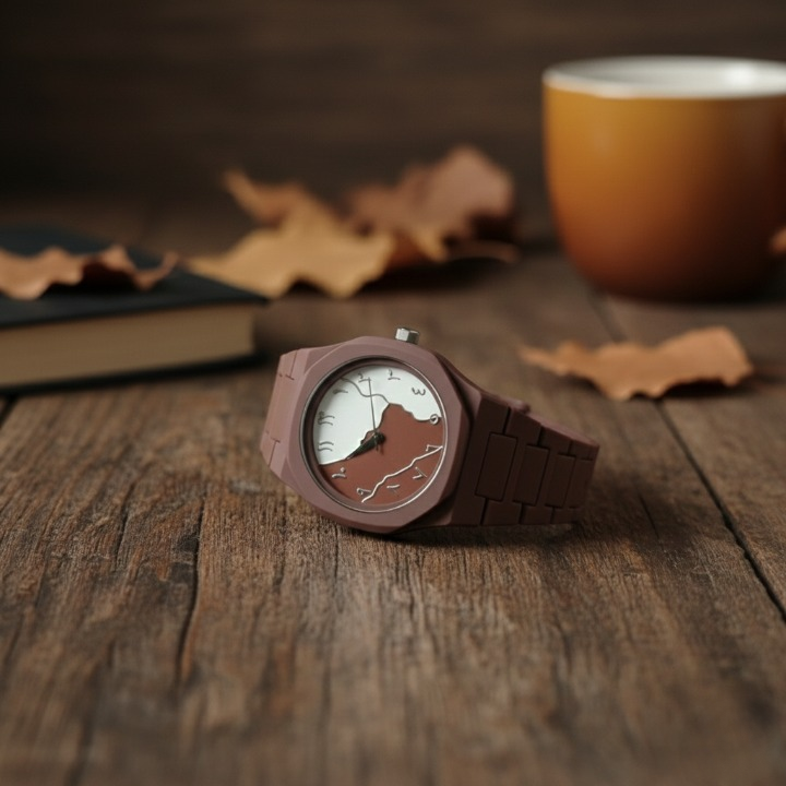 Brown wooden watch on a wooden surface with a blurred cup and leaves in the background