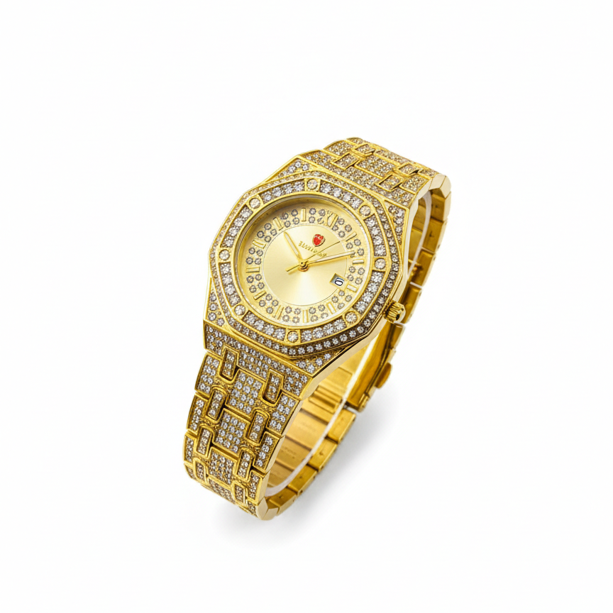 Gold watch with diamond accents on a white background