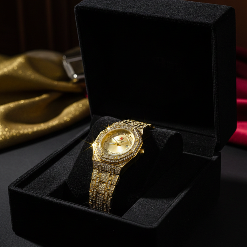 Gold wristwatch with diamond accents in a black box on a dark surface.