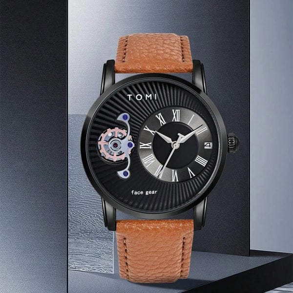 Watch with brown leather strap and black face on a gray background