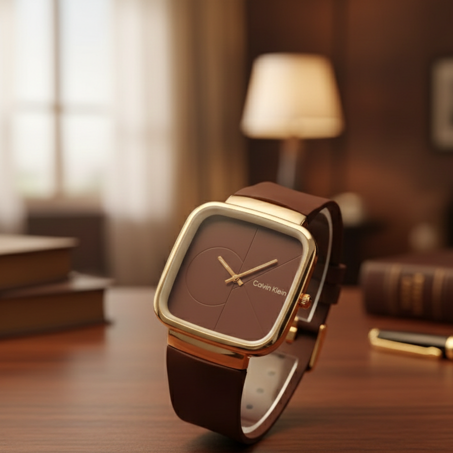 Brown Calvin Klein watch on a wooden surface with a blurred background