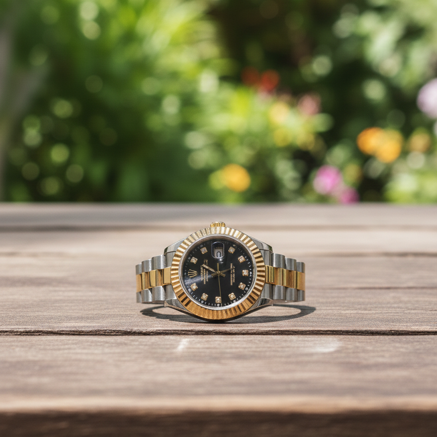 Two-tone watch on a wooden surface with a blurred natural background