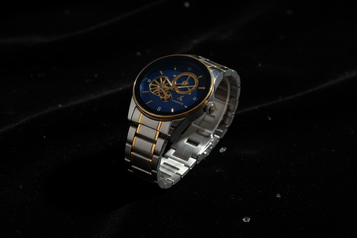 Silver and gold watch with a blue face on a wooden surface