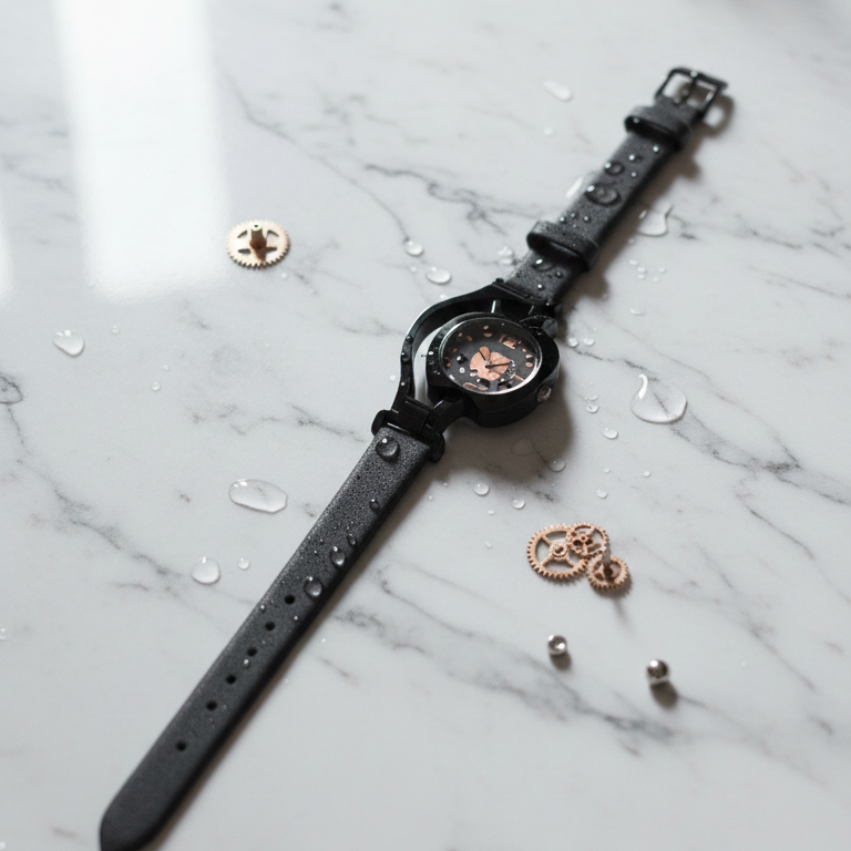 Black wristwatch with decorative elements on a marble surface