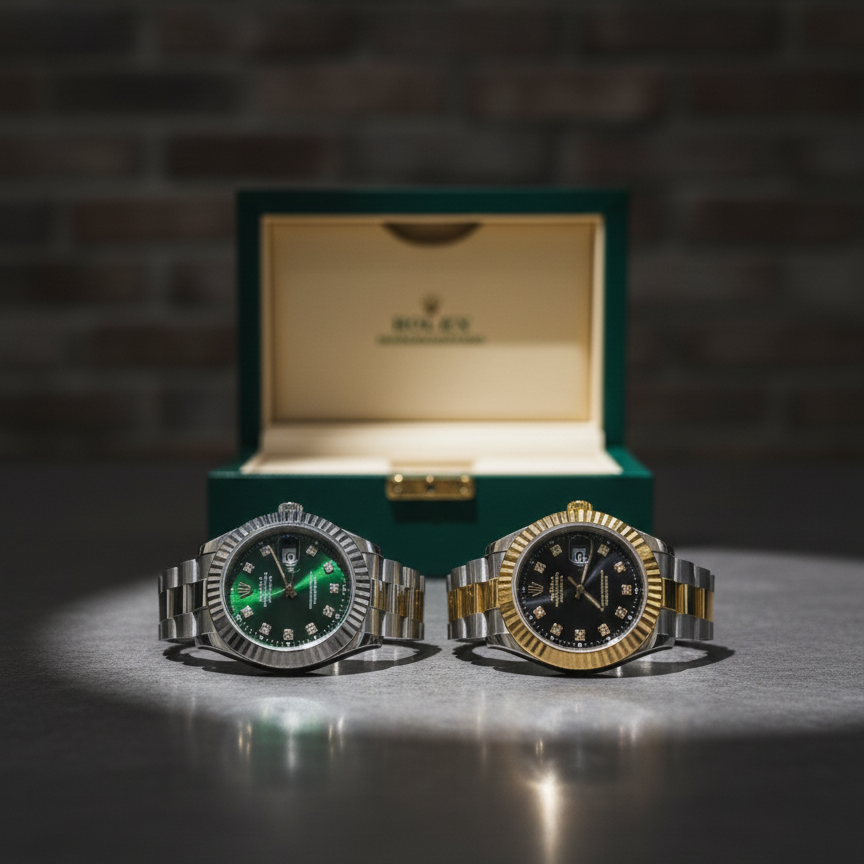 Two watches on a reflective surface with an open green watch box in the background.