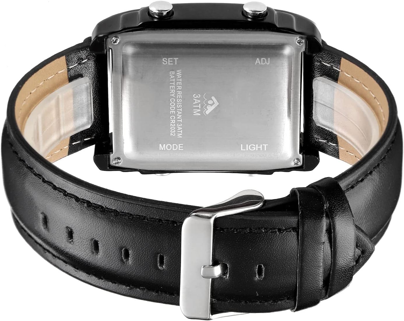 Black wristwatch with a square face on a white background