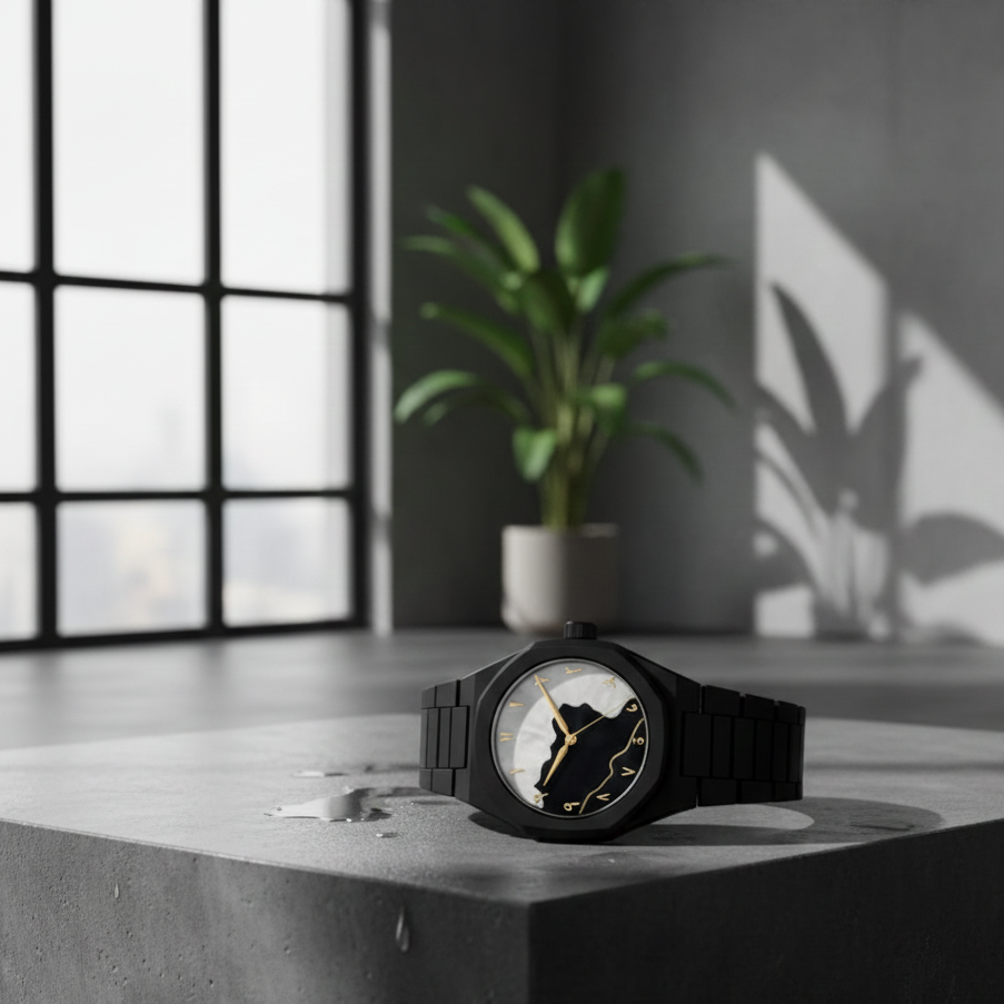 Black watch on a concrete surface with a plant and window in the background