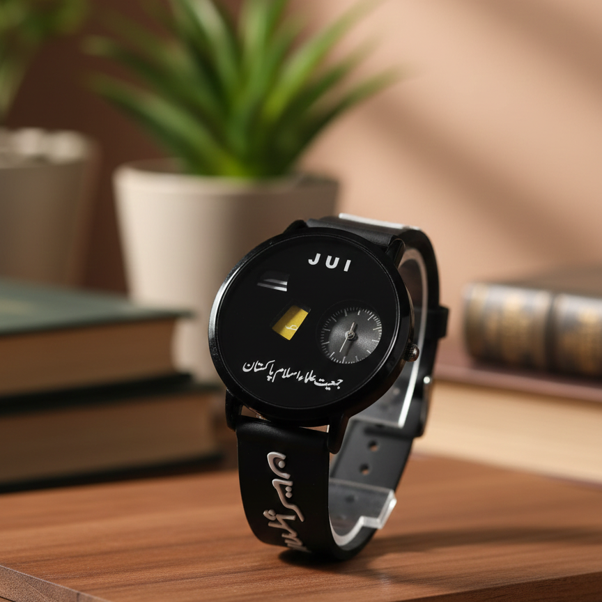 Black wristwatch with a detailed face on a wooden surface, blurred background with books and plants.
