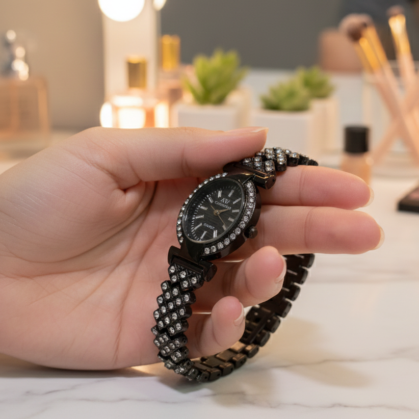 Hand holding a black watch with gemstone accents on a blurred indoor background