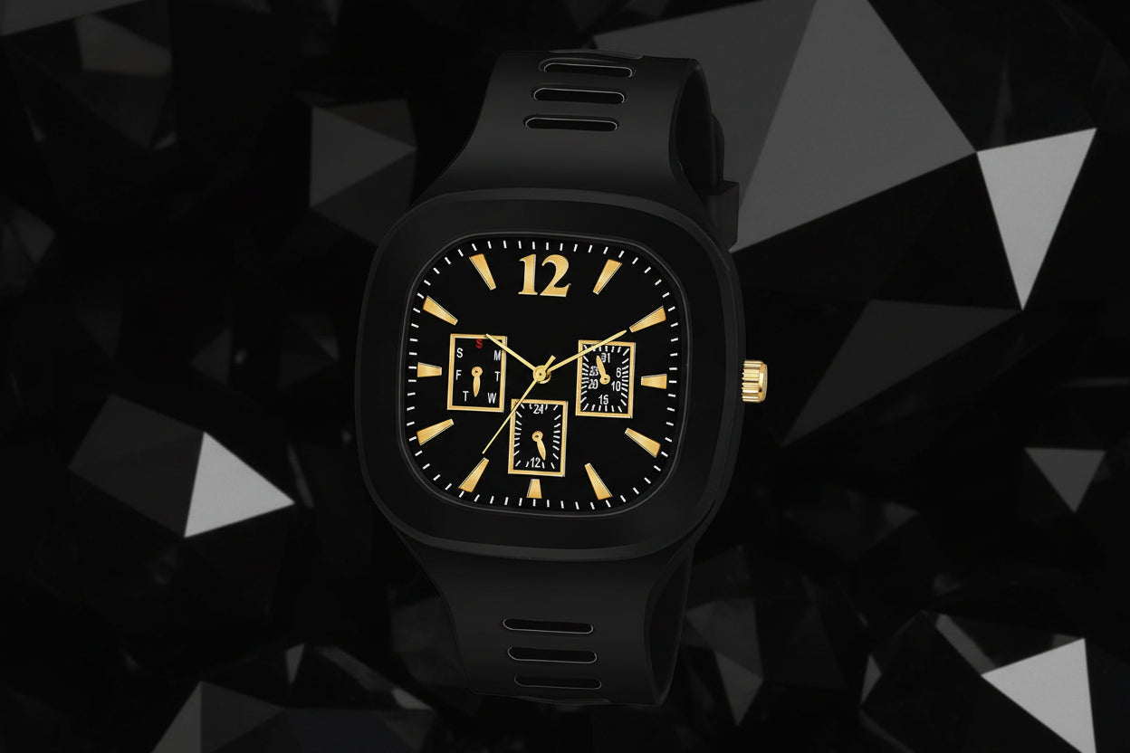Black watch with gold accents on a white background