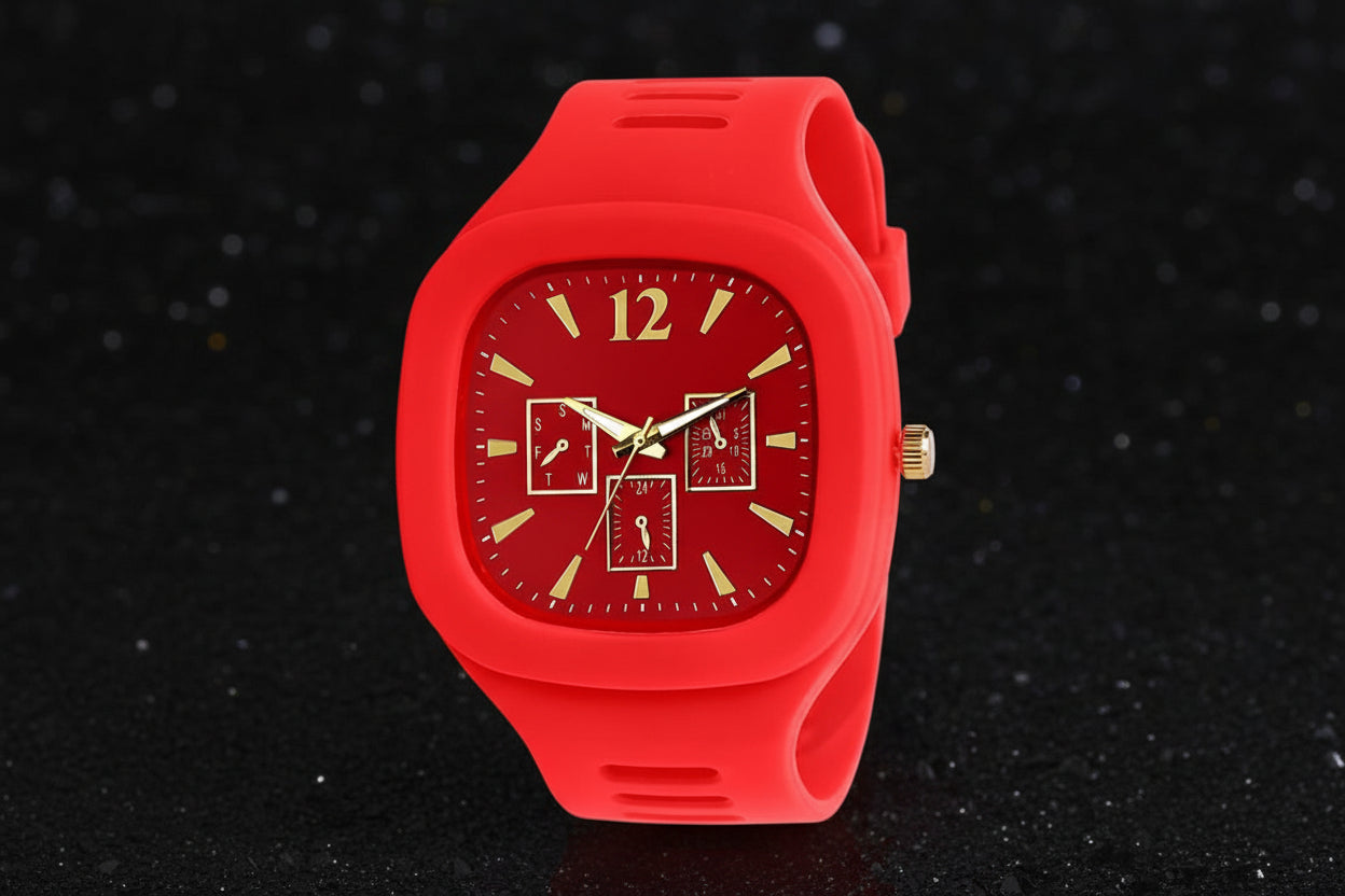 Red watch with a unique face design on a white background