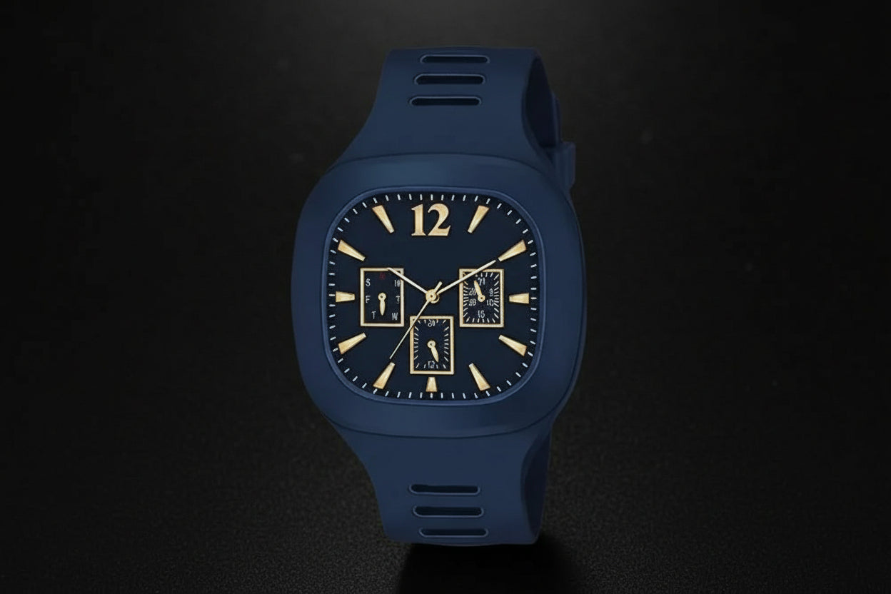 Blue watch with a unique face design on a white background