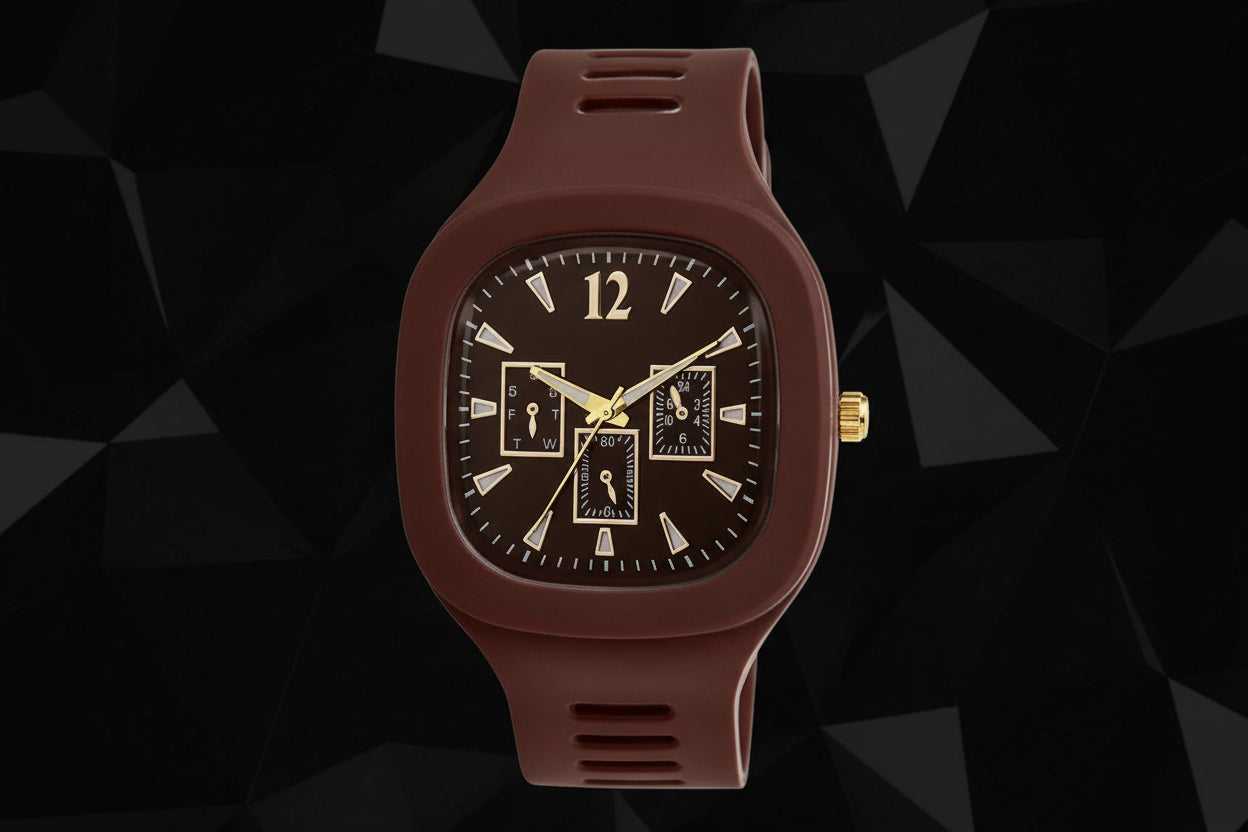 Brown watch with a black face on a white background