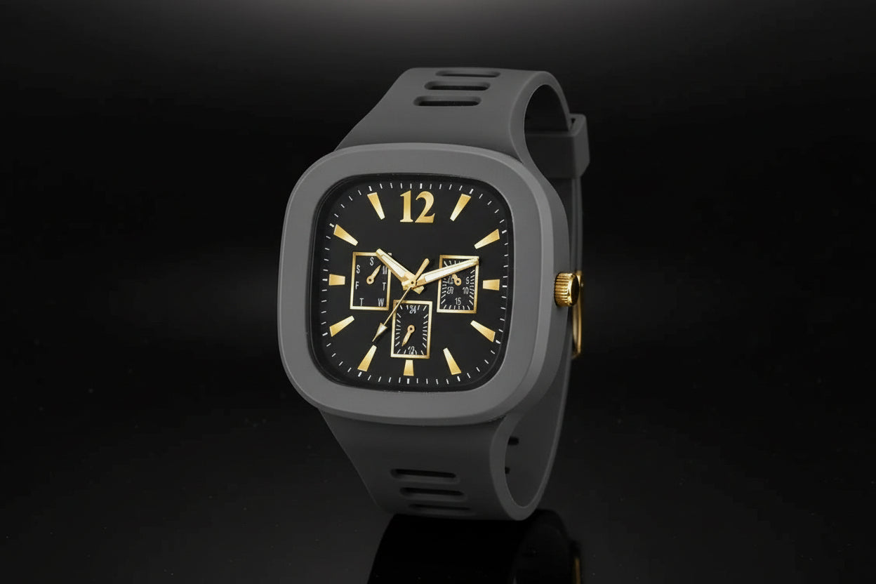 Gray watch with gold accents on a white background