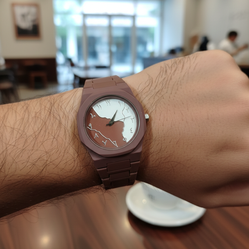 Brown wristwatch on a person's wrist with a blurred indoor background