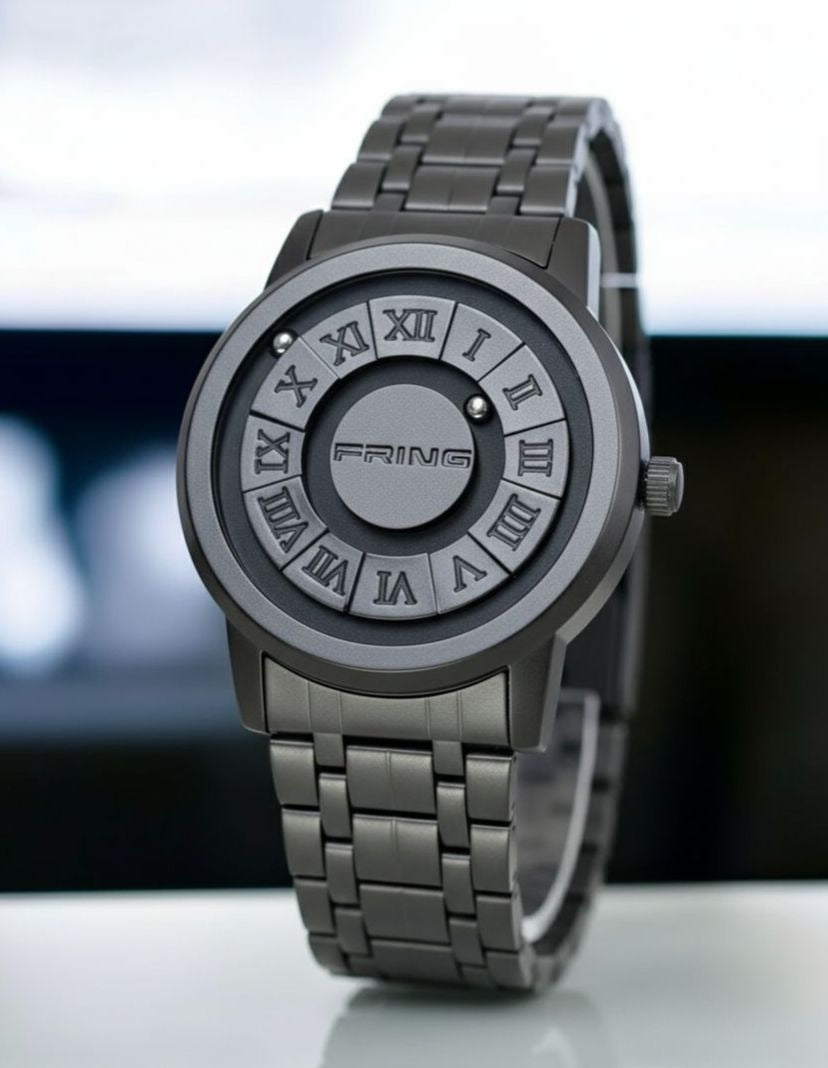 Gray wristwatch with unique dial design on a blurred background