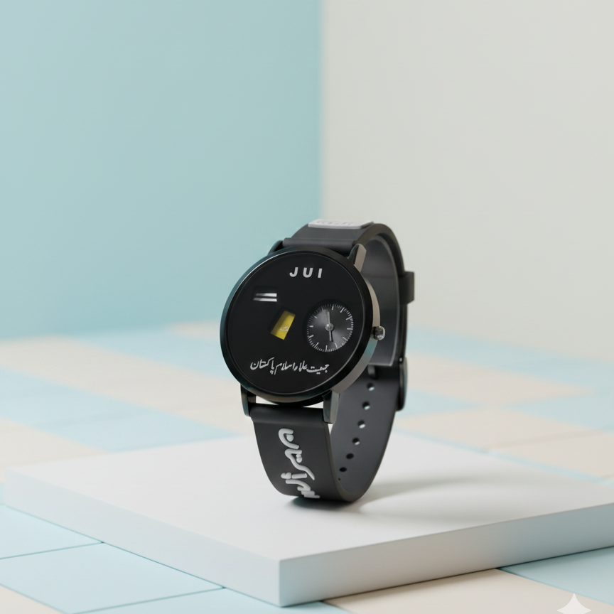 Black smartwatch with Arabic text on a light blue and white striped surface