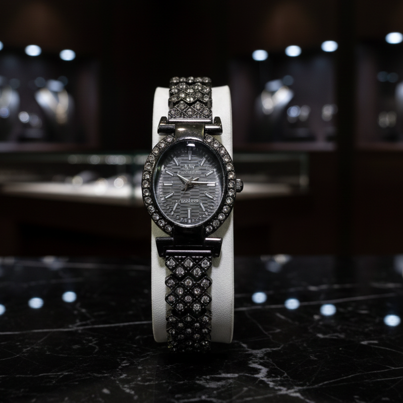 Luxury watch with diamond-studded band on a dark surface