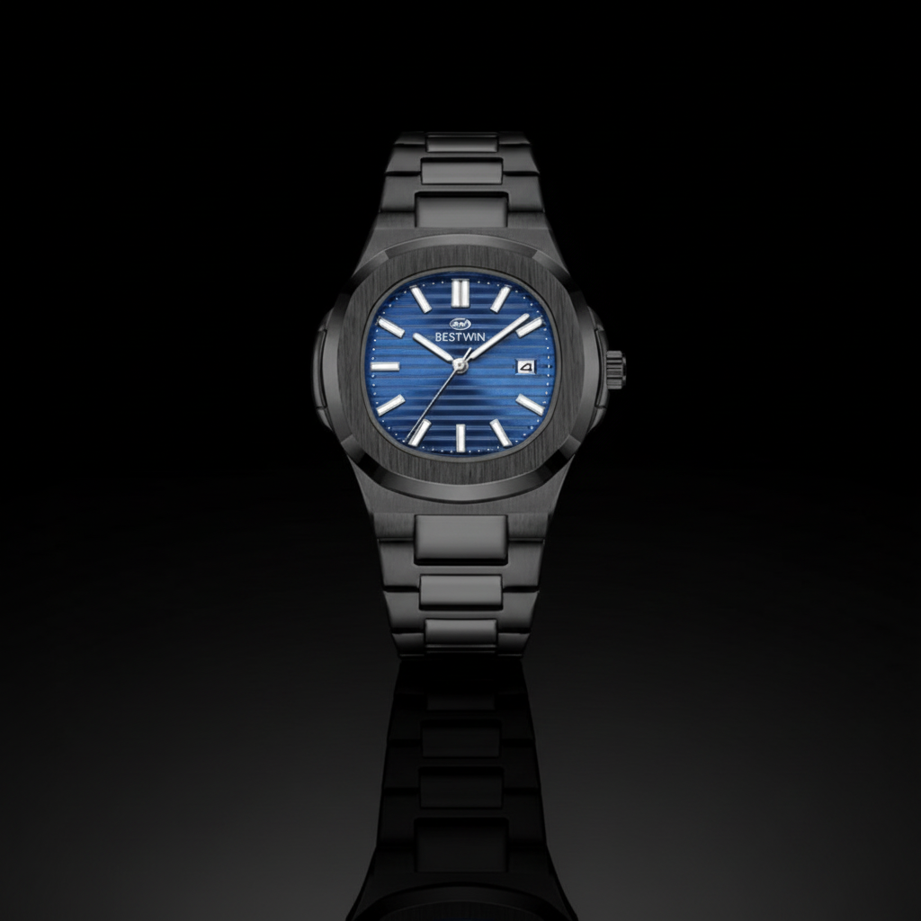 Black wristwatch with blue dial on a white background