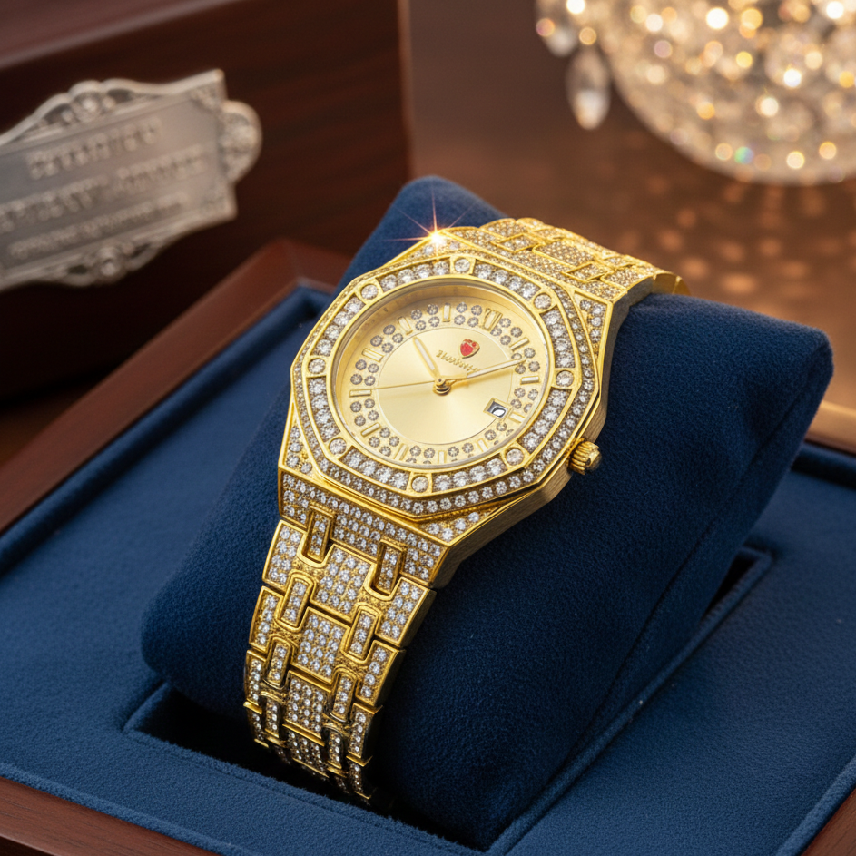 Gold diamond-encrusted watch on a blue cushion with a blurred background