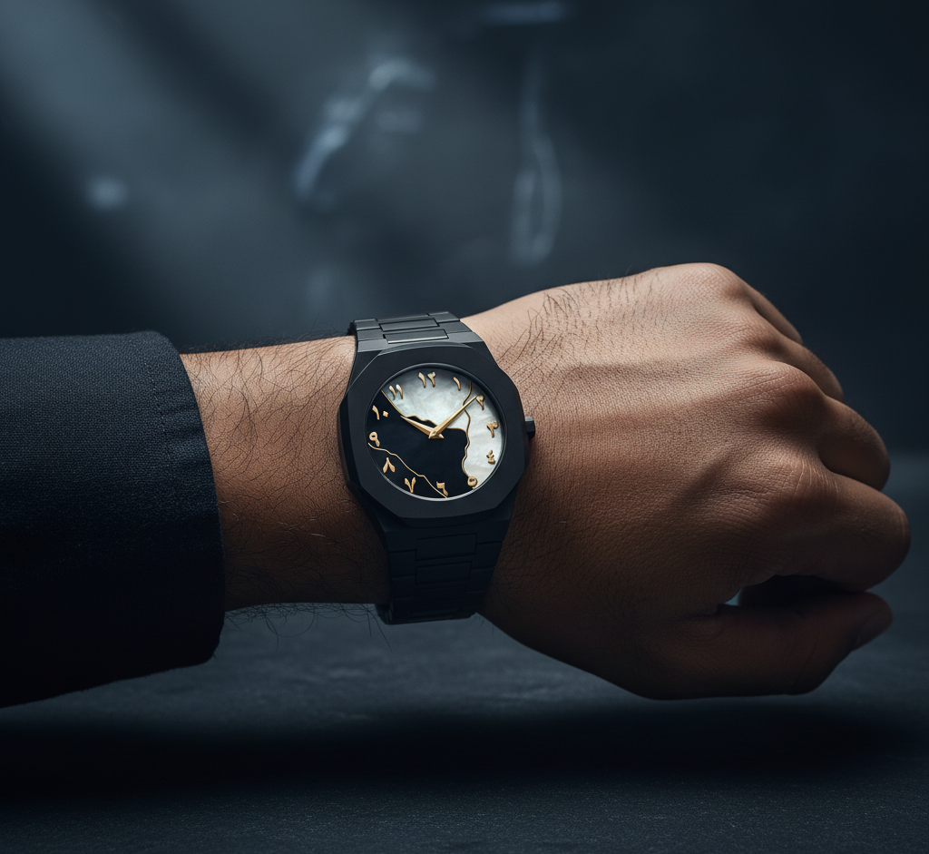 Black wristwatch on a person's wrist with a dark background