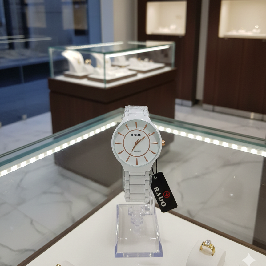 Rado watch on display in a jewelry store with a blurred background