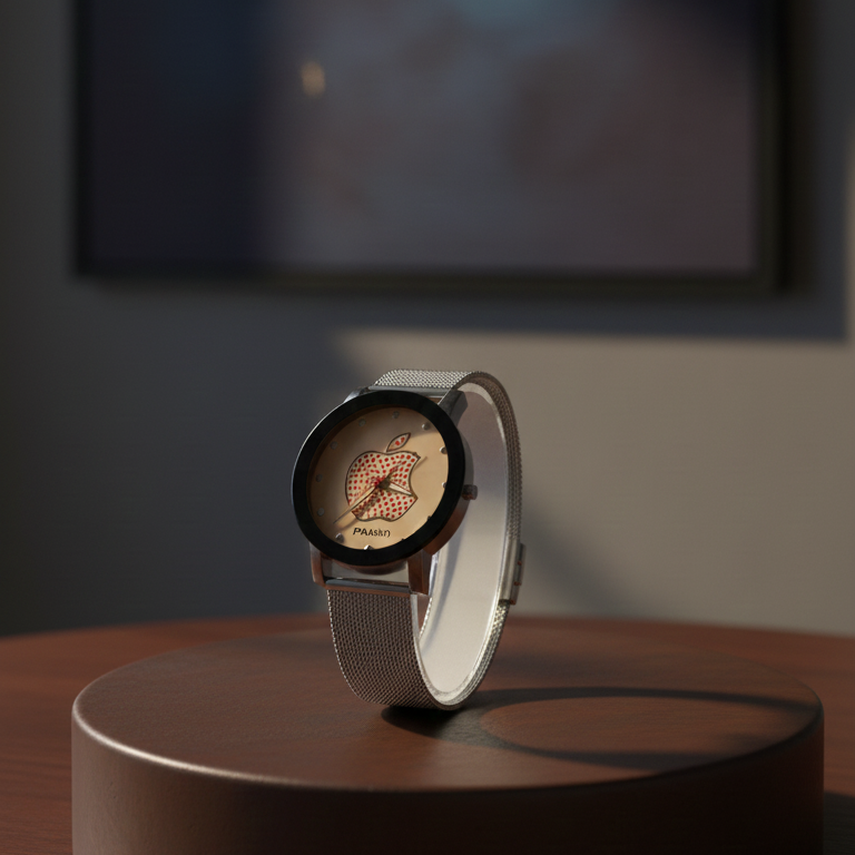 Silver watch on a wooden surface with a dark background
